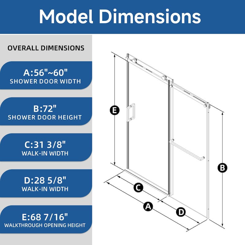 60 in. W x 72 in. H Sliding Semi-Frameless Shower Door with Tempered Glass - 60" x 72"