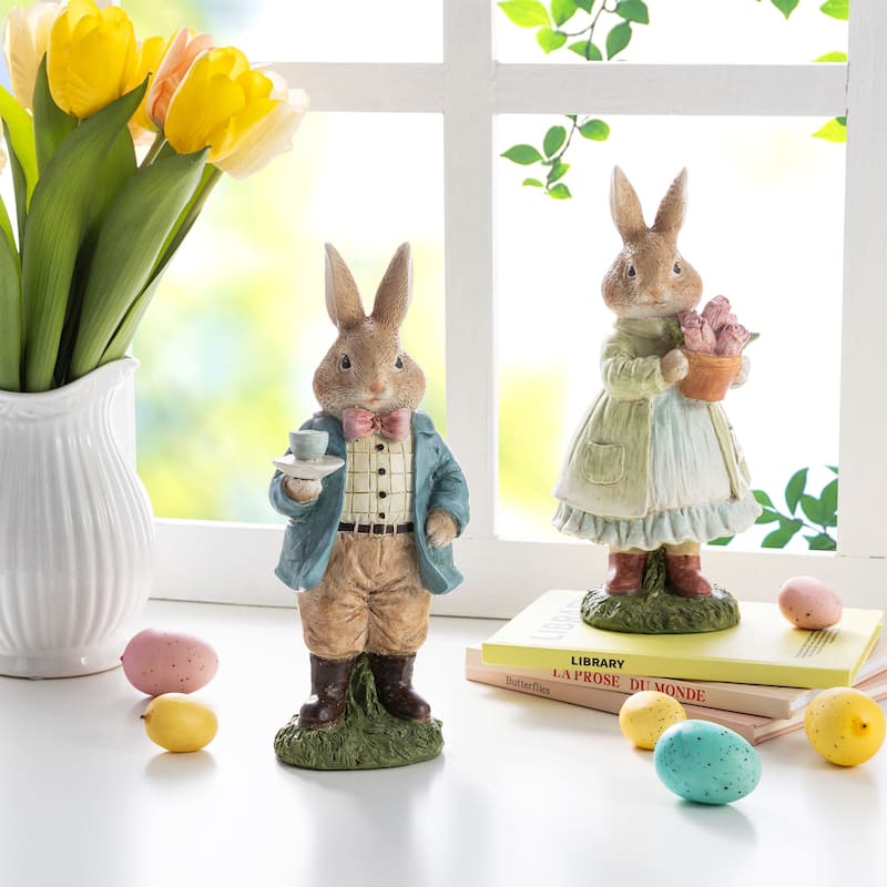 Glitzhome Easter Resin Bunny Boy Girl Table Decor with Flower Rabbit Figurine Ornaments