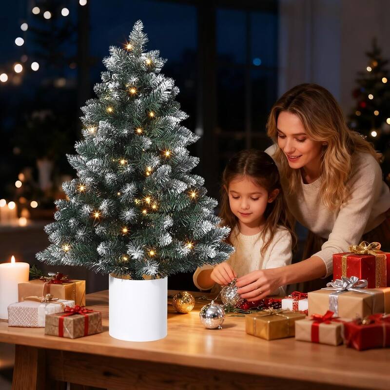 3 Feet Small Pre-Lit Snow Flocked Christmas Tree for Tabletop Decor - 3 ft