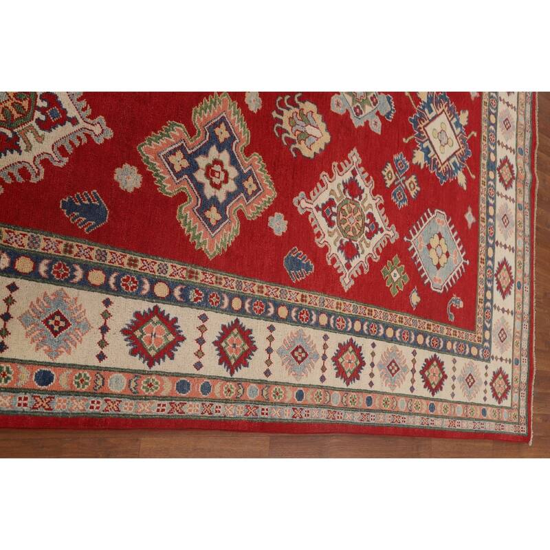Red Geometric Kazak Living Room Area Rug Handmade Wool Carpet - 6'7" x 9'11"