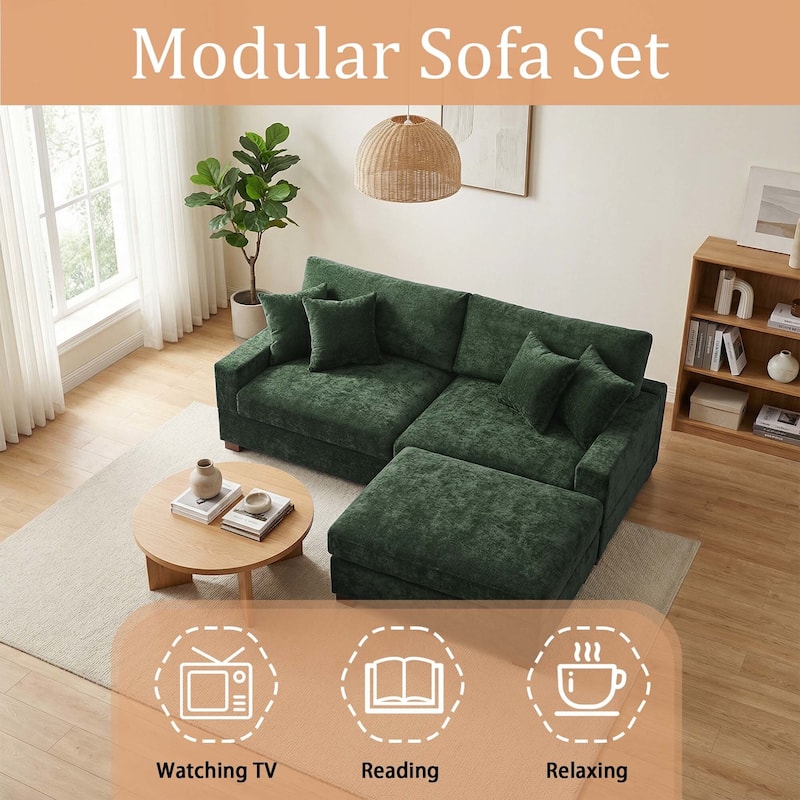 Oversized Chenille Modular Sectional Sofa Living Room Set with Ottoman