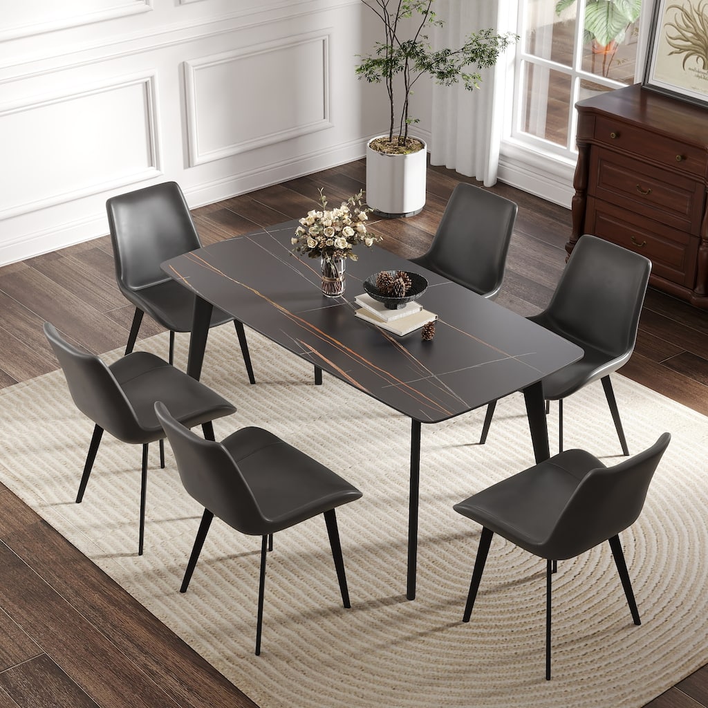 62.99" Modern Artificial Stone Black Curved Edge Black Metal Leg Dining Table-Can Accommodate 6 People(Dining Table Only)