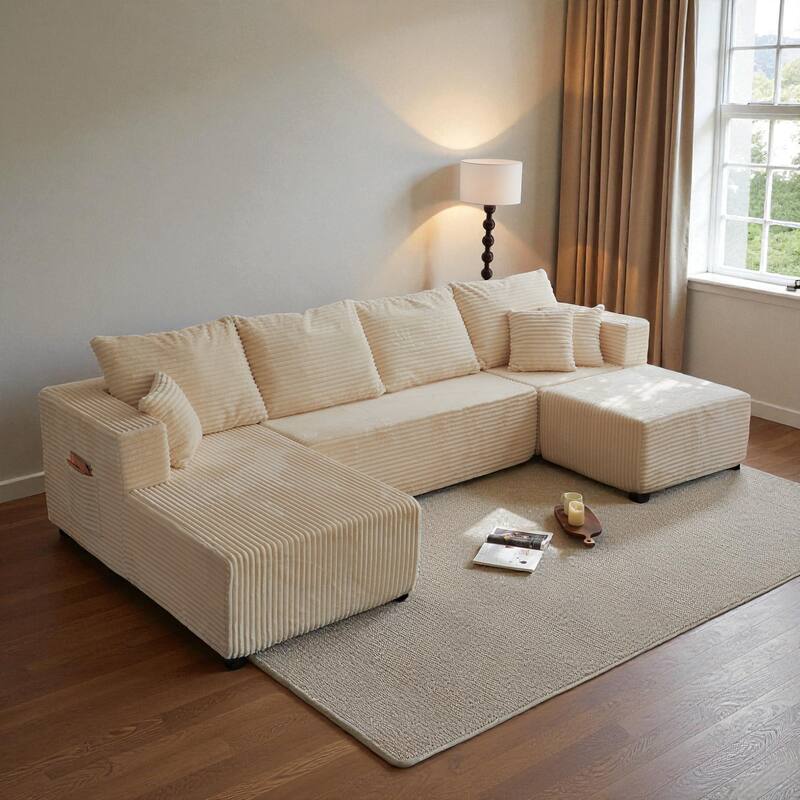 133.86" Cloud Modular U-Shaped Sectional Sofa with Ottoman, Deep-Seat Corded Fabric Couch for Living Room, No Assembly