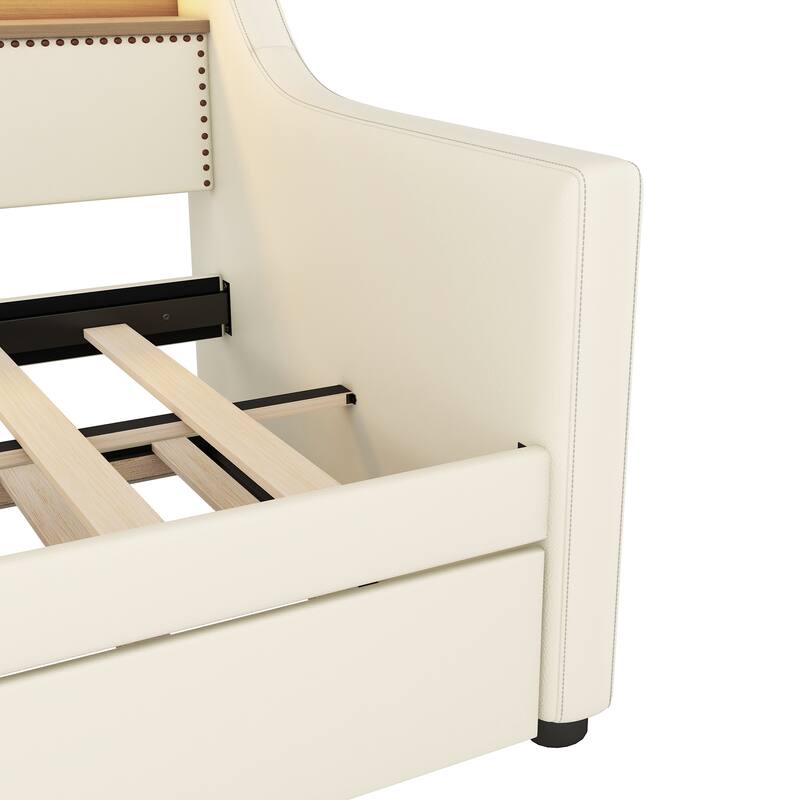 Roomfitters Upholstered Twin Daybed with Trundle, Built-in Charging Station & Lighting Headboard, Space-Saving Design
