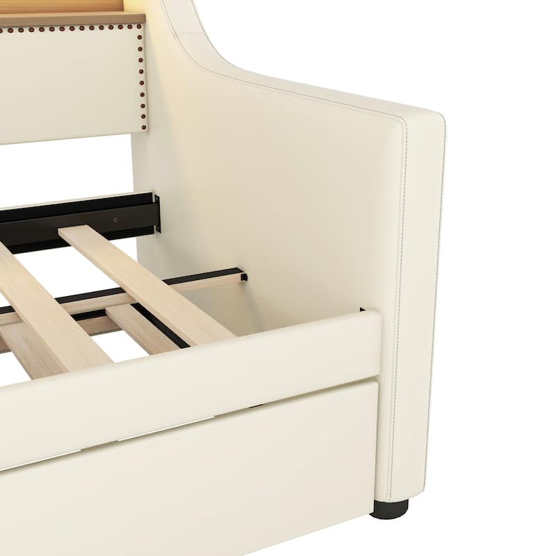 Twin Size Upholstered Daybed with Trundle,Charging Station and LED Lights