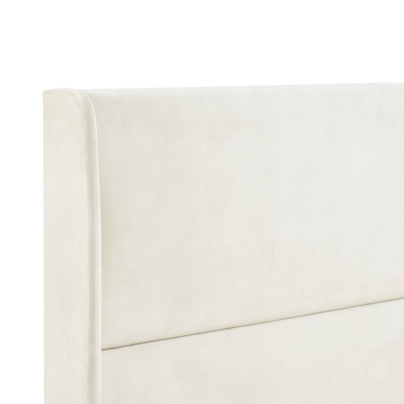 Beige King Size Modern Platform Bed with Velvet Wingback Headboard