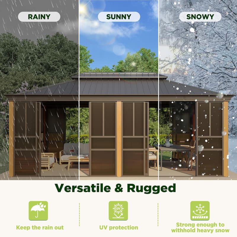 Erommy Outdoor Solarium Sunroom, Patio Hardtop Gazebo, Aluminum Frame Permanent Gazebo with Sliding Doors and Screens