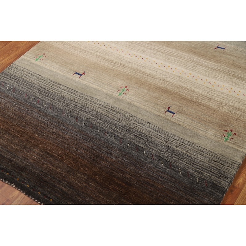 Striped Gabbeh Indian Rug Hand-Knotted Bedroom Brown Wool Carpet - 4'0" x 5'10"