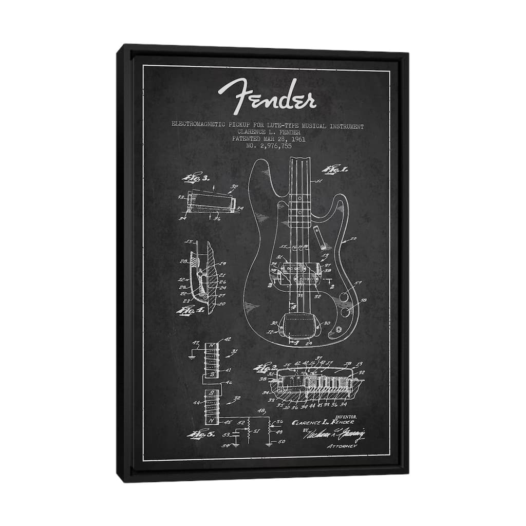 iCanvas "Guitar Charcoal Patent Blueprint" by Aged Pixel Framed Canvas Print