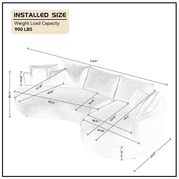 dimension image slide 4 of 5, Contempory Curved L-Shaped Sectional Sofa with Chaise – Extra Wide White Upholstered Luxury Lounge