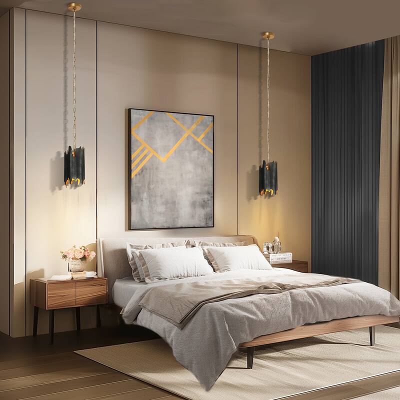 Modern 1-Light Black Gold Irregular Drum Pendant with Adjustable Chain for Kitchen Island