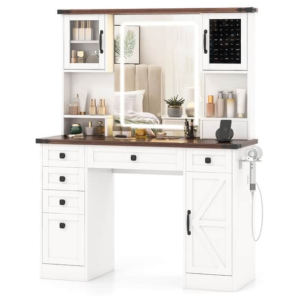 slide 2 of 9, Gymax Farmhouse Vanity Desk w/ Lighted Mirror Makeup Vanity Table w/ 3 White - overstock.com/bedbathandbeyond.com - Modern & Contemporary - Glass Finish - 1-Piece - Assembly Required - Mirror Included - MDF