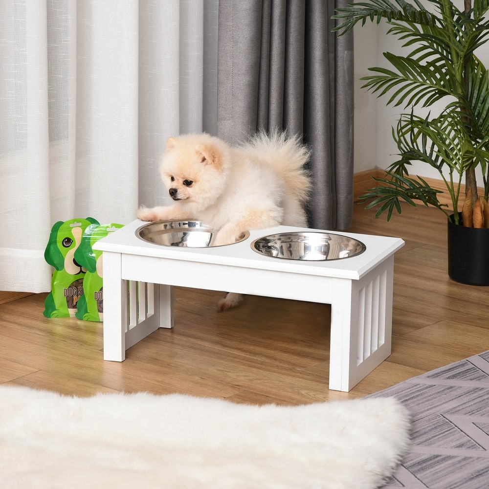 PawHut 17" Dog Feeding Station with 2 Food Bowls, White