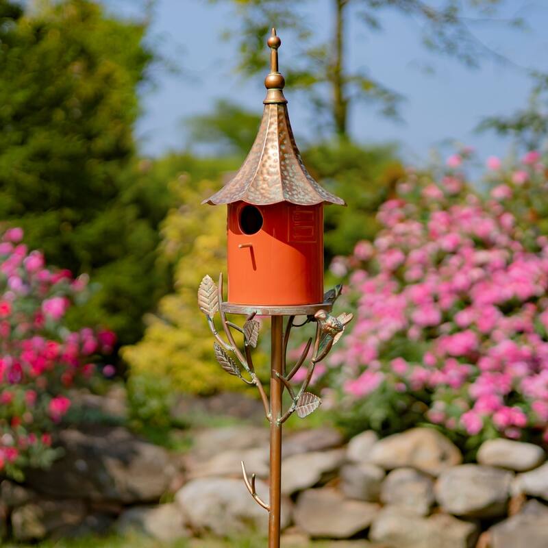 69.25" Tall Iron & Orange Porcelain Birdhouse Stake "Amsterdam" - 9.5" L x 8" W x 69.25" H