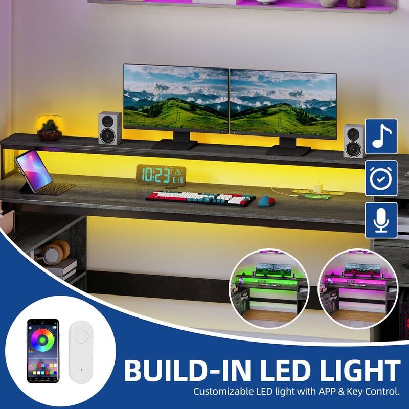 Moasis Farmhouse L Shaped Desk with Drawers, Power Outlets & LED Lights