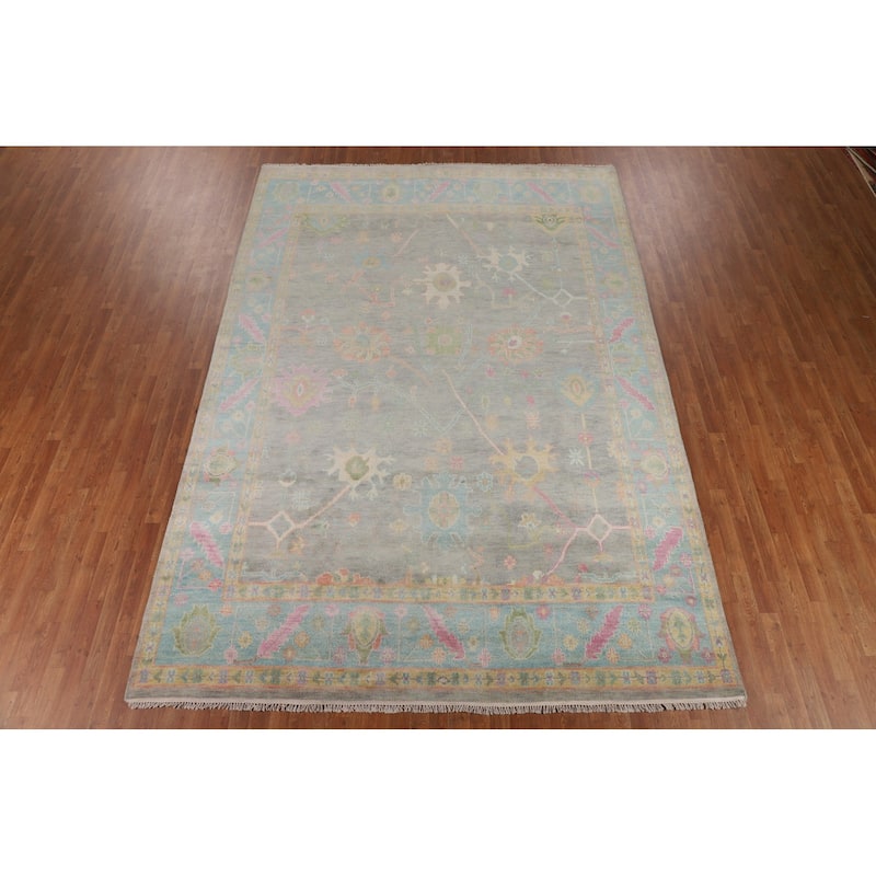 Grey Floral Oushak Indian Area Rug Handmade Wool Carpet - 8'8"x 12'6"