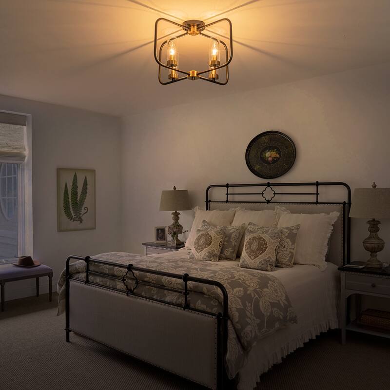 4 Light Industrial Black Metal Flush Mount Ceiling Light with Glass Tube Shade - Dia.20.28-in