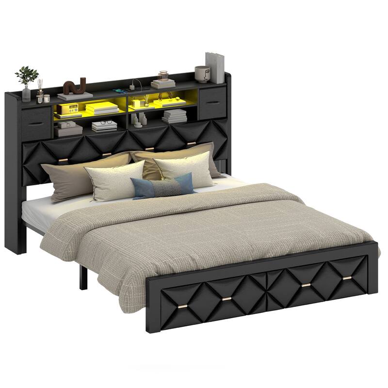 Black Farmhouse Bed Frame Upholstered Headboard Platform Bed with Charging Station - Black - Queen