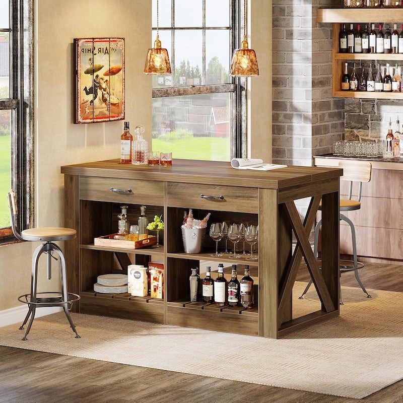 55-inch Kitchen Island with Storage and Seating, Farmhouse Wooden Bar Table with 2 Drawers and Open Shelf