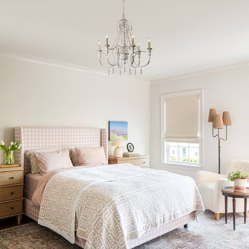 6-Light Farmhouse Antique White 6-Light Distressed Wood Empire Chandelier - 29.5-in W