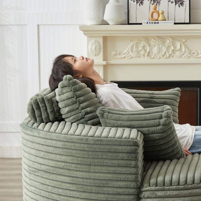 Corduroy Upholstered Single Sofa, Oversized Fluffy Round Sofa, Single Sleeper Reading Chair with Armrest & Pillow