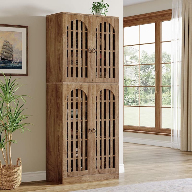 70.8 Inch Tall Bookcase with 4 Slatted Doors, 9-Tier Farmhouse Bookshelf with Storage Shelves