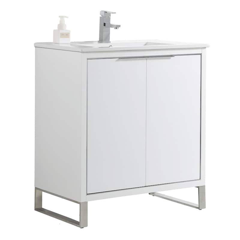 Fine Fixtures Opulence Collection Bathroom Vanity with White Ceramic Sink - 30 Inch - White Matte - Chrome Hardware