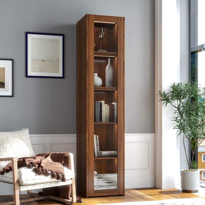 Modern Display Bookcase – Glass-Front Storage Cabinet with 5 Shelves & LED Illumination‌ - 15.75in. W X15.75in.DX70.87in. H