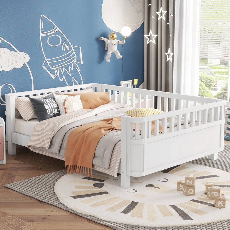 Wood Platform Bed for Kids, Low Profile Wooden Full Bed with Rails