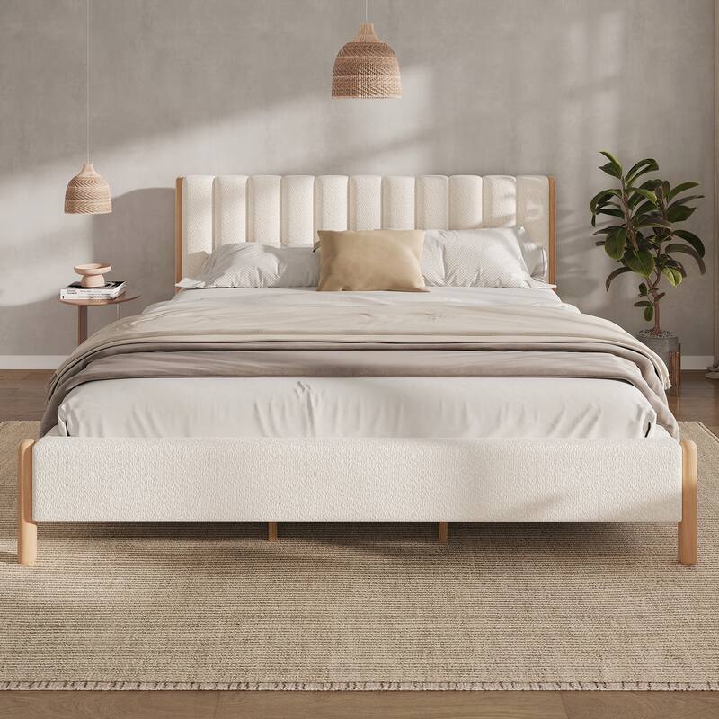 Luxurious Upholstered Bed Frame with Sturdy Wooden Legs - White - King