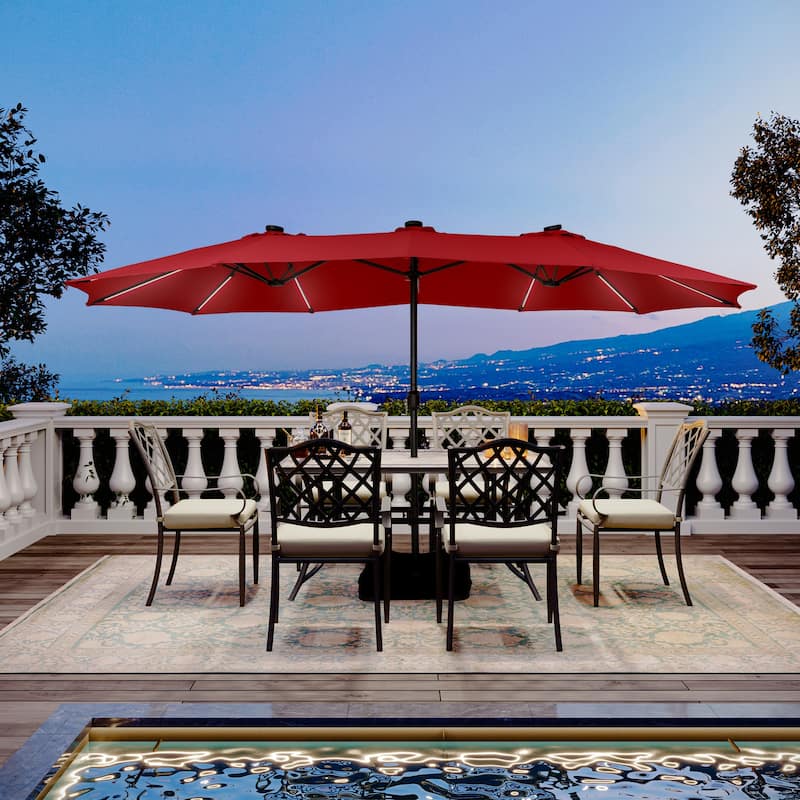 Clihome 15Ft Outdoor Solar Lights Rectangular Crank Market Umbrella, with Base