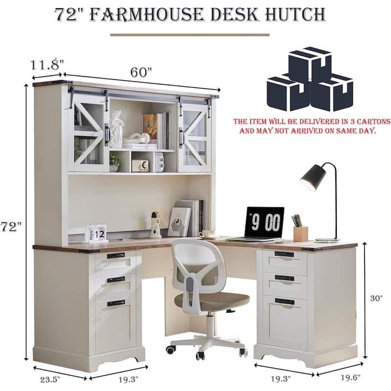 Farmhouse L Shaped Desk with Hutch, Wood Desk with Charging Station