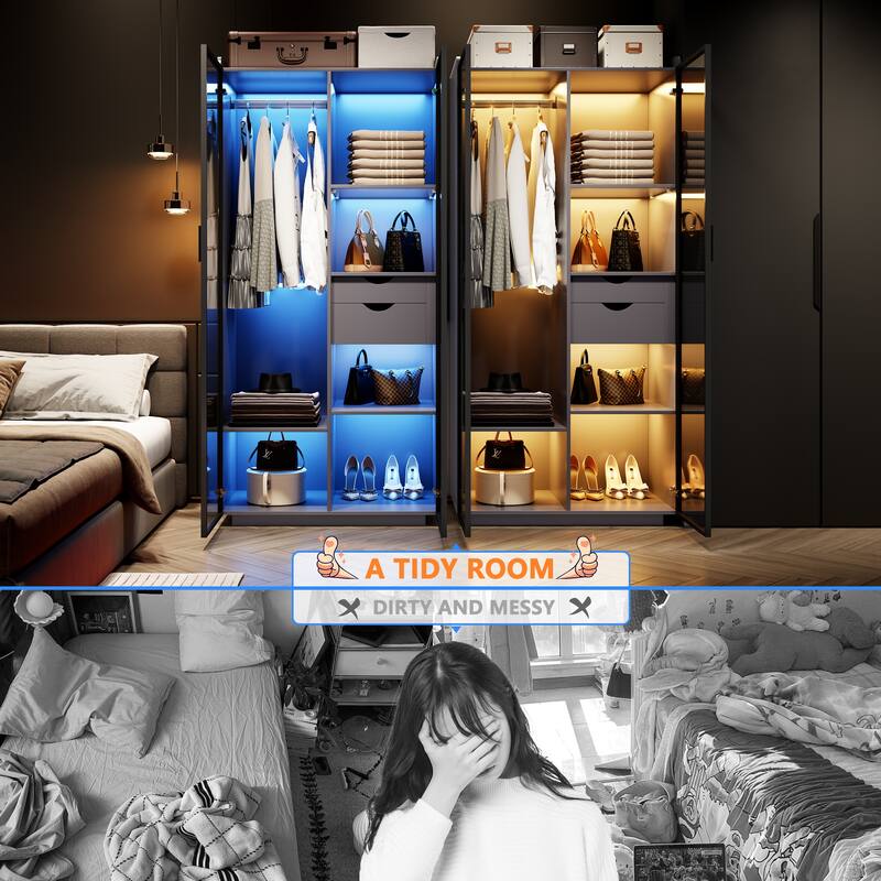 2-Door Wardrobe Armoire with LED Lights