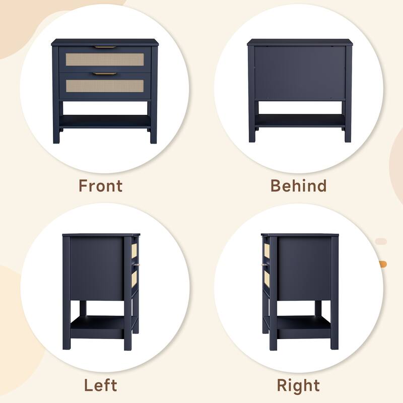 Rattan Nightstand with 2 Drawers and Storage Shelf Boho Bedside Narrow Side Table for Bedroom