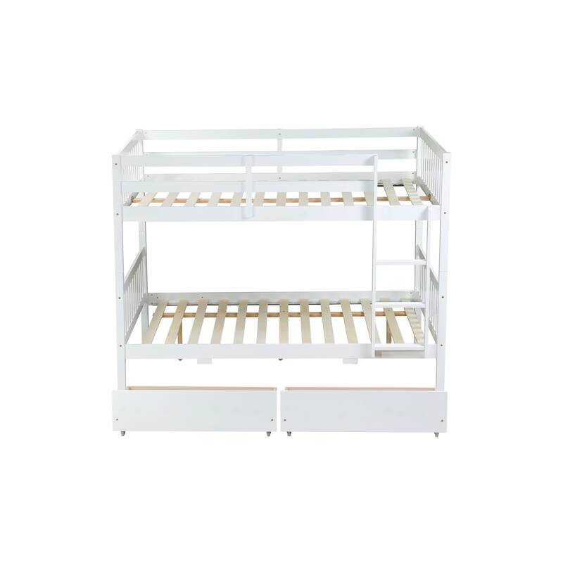 Convertible Full Over Full Rubber Wood Bunk Bed with 2 Drawers, Ladder, and Safety Guardrails, White