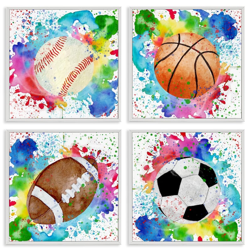 Stupell Rainbow Splatter Baseball Framed Giclee Art Design By Kim Allen (Set of 4) - 12 x 12 - White