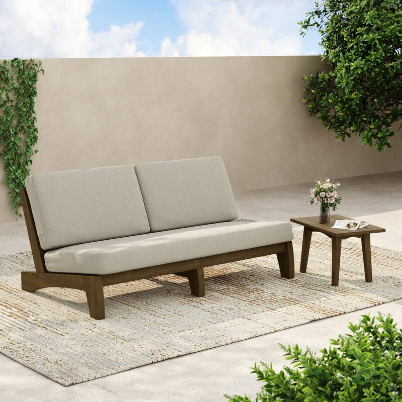 3-Seat Outdoor Sofa Set with Solid Wood Coffee Table, Weather-Resistant Cushions - Light Camel/Side Table - Brown Wood