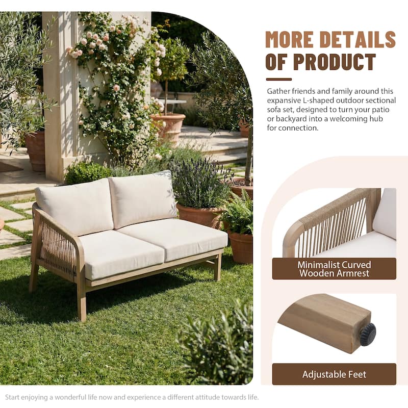 Outdoor Sectional Sofa Set 6-Piece Acacia Wood L-Shaped Corner Sofa Set with Dining Table & Ottoman