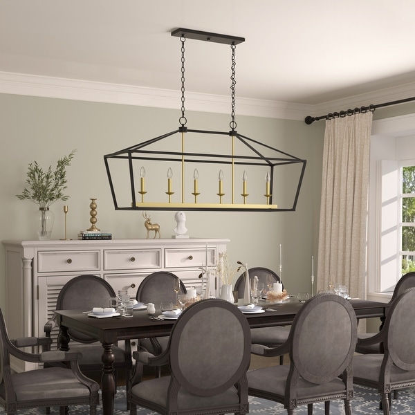 Acroma 6 Light Modern Farmhouse Rectangle Chandelier for Dining Room with UL Certified 49in Aged Zinc Satin Brass