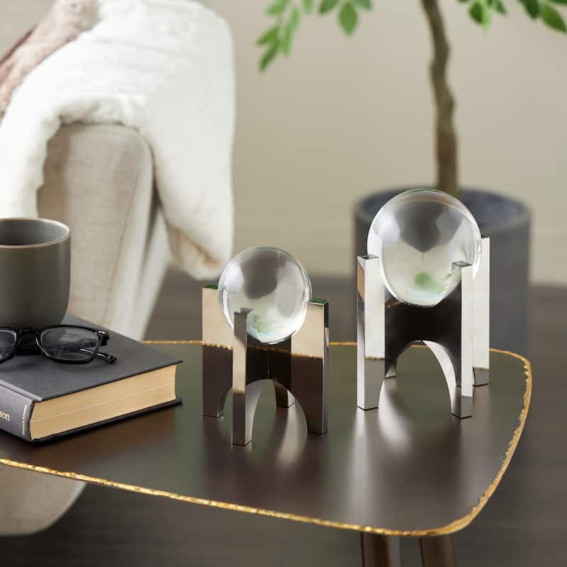 Silver Glass Orb Sculpture with X Shaped Holder (Set of 2) - Silver - Set of 2 -7", 6"H