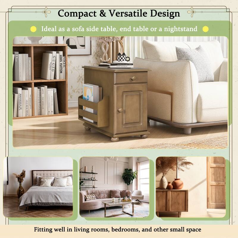 Vintage End Table with USB Ports and Multifunctional Drawer with Cup Holders