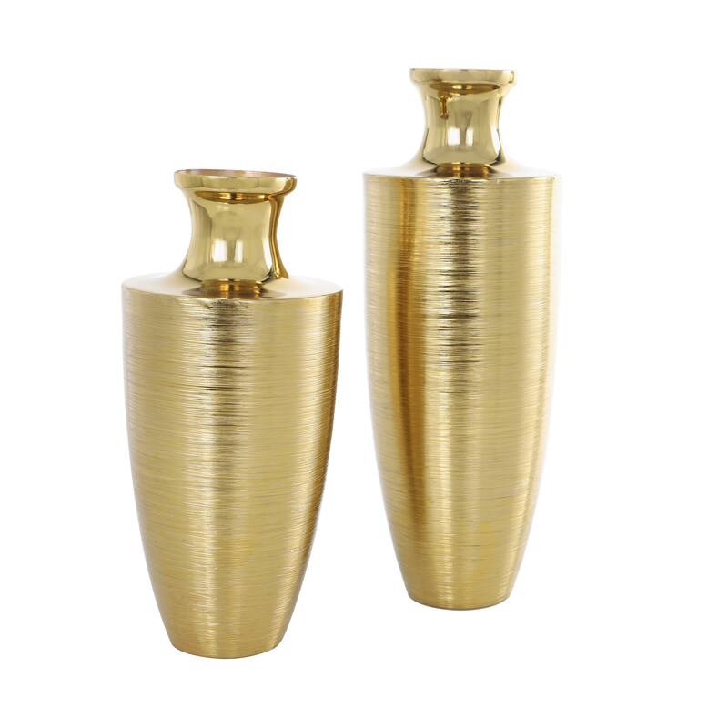 Aluminum Metal Brushed Textured Vase - Set of 2 Gold - Roche River Decor - 6"W x 6"L x 15"H