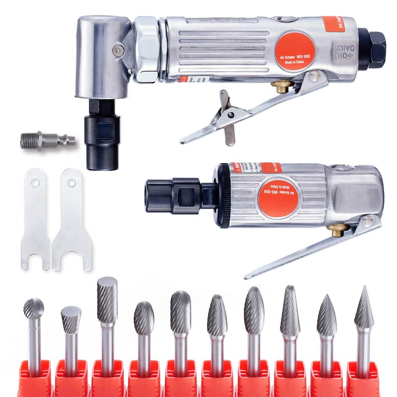 Air Die Grinder Kit, Right Angle Grinder w/ Die Grinder Combo & 10PCS Single Cut Carbide Burr Set, Lightweight - Grinder Kit - Silver