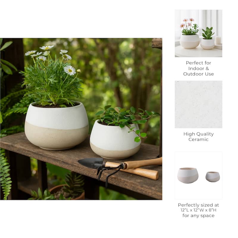 Stoneware Ceramic Planters Two-Tone Design (Set of 2) - 12" x 12" x 8"