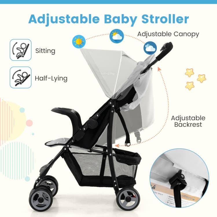 Steel Kids Stroller with Recline, Canopy and All-Terrain Wheels - 35"(L) x 18"(W) x 39"(H)