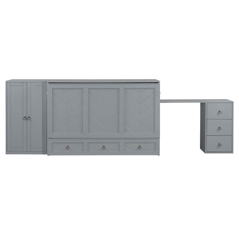 Queen Size Murphy Bed with USB Port, Large Drawer, and Wardrobe/Desk Combo - Versatile Gray Cabinet Bed