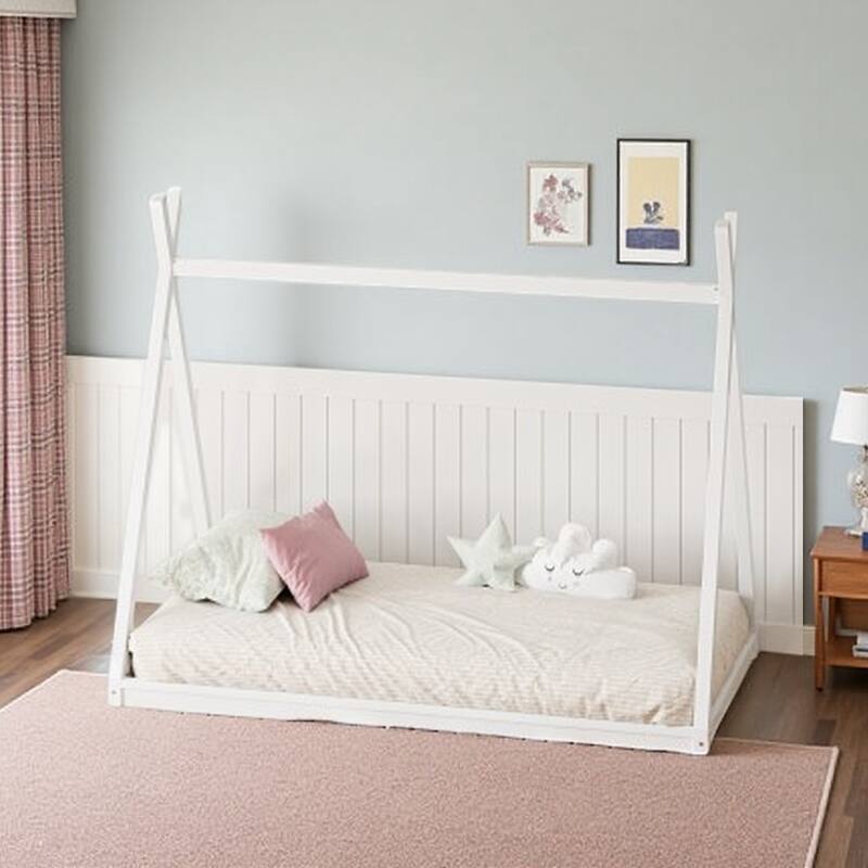 Wooden Twin House Bed Frame for Kids, Montessori-Inspired Low Platform Tent Bed with Sturdy Triangle Design - White