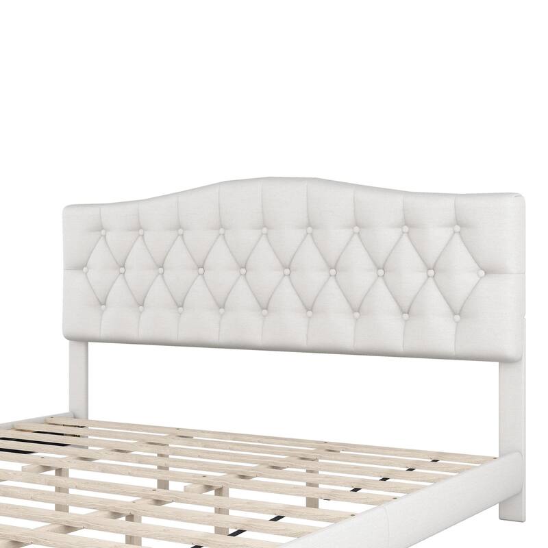 Upholstered Platform Bed Frame + Saddle Curved Headboard with Diamond
