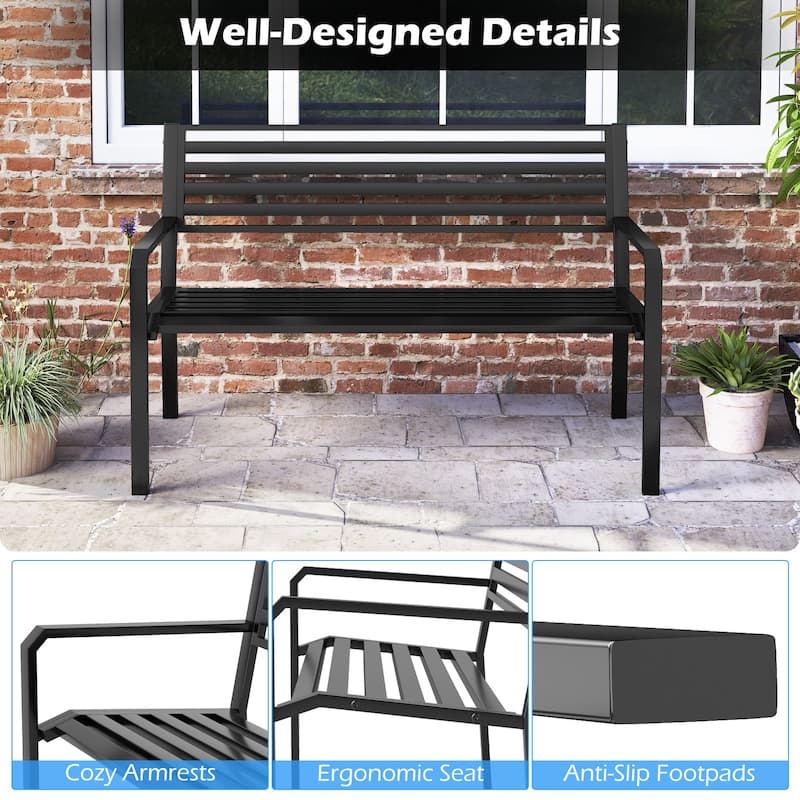 Black Metal Park Bench with Slatted Seat, Armrests and 3-Person Capacity - 50” L x 22” W x32.5” H