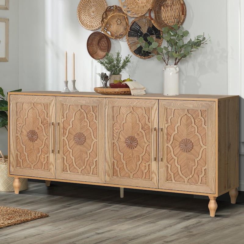 Large Storage Cabinet with Carved Flower Doors and Metal Handles